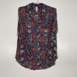 Pilcro Anthropologie Shirt Womens Small Blue Red Geometric Button Tunic Top